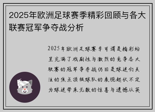 2025年欧洲足球赛季精彩回顾与各大联赛冠军争夺战分析